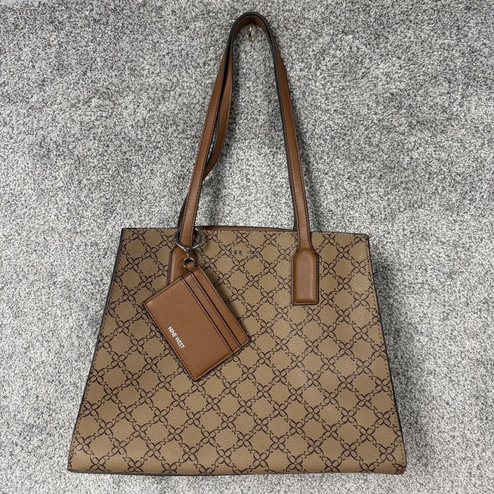 Nine West Tote Bag Womens Large Brown Monogram Faux Leather Shoulder Pouch Work